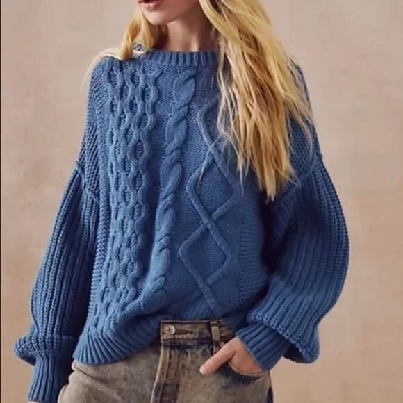 Free People Sweaters - Free People Dream Blue Cable Knit Sweater Size Small